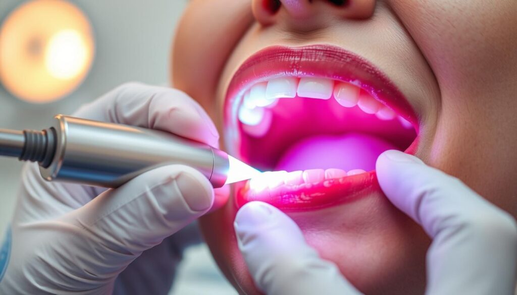 A close-up view of a patient's mouth undergoing a specialized laser gum treatment procedure at the Face N Dental clinic in PCMC, Pune. The dentist's hand, holding a high-precision laser device, is meticulously focused on the patient's gums, which appear slightly inflamed. The treatment area is well-lit, with a soft, diffused light illuminating the scene. The background is blurred, emphasizing the intricate details of the procedure. The overall atmosphere conveys a sense of professionalism, care, and state-of-the-art dental technology.