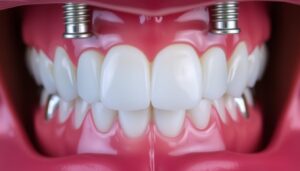 A close-up view of a set of dental implants, crafted with precision and designed to restore a confident smile. The gleaming titanium posts are seamlessly integrated into the natural bone structure, creating a solid foundation for the meticulously crafted porcelain crowns that mimic the shape and color of the original teeth. The lighting is soft and diffuse, highlighting the smooth, polished surfaces and the natural-looking gum line. The overall impression is one of confidence, quality, and attention to detail, reflecting the expertise of the Face N Dental clinic in Pimpri Chinchwad.