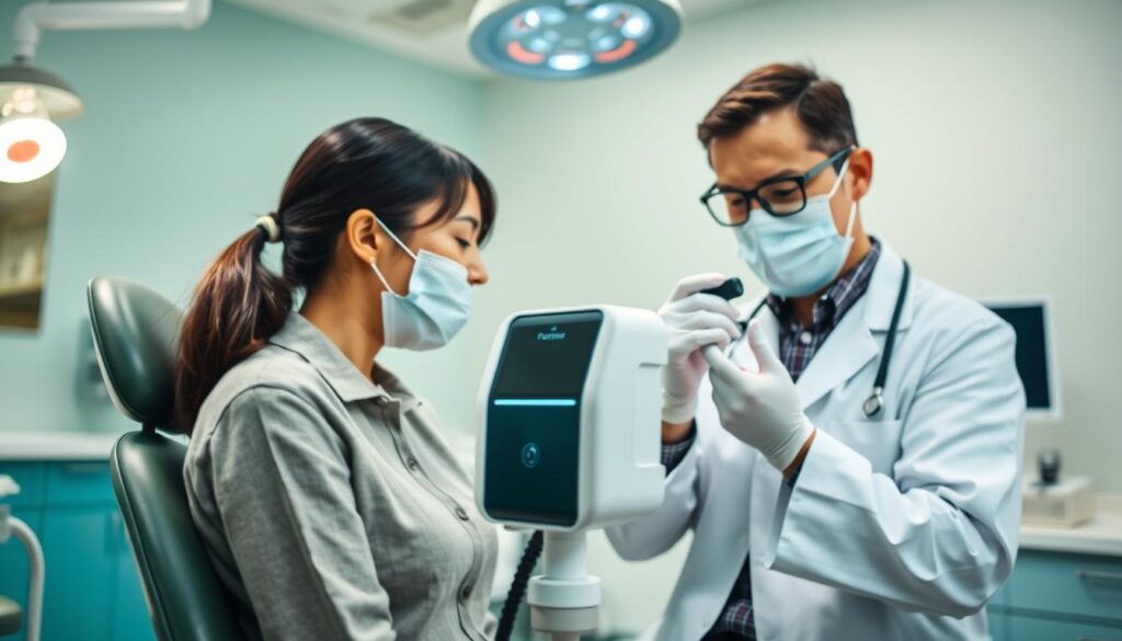 An advanced oral cancer screening setup at Face N Dental Clinic. In the foreground, a dentist in a professional white coat, wearing gloves and a face mask, is gently examining a patient's mouth with modern screening equipment. The patient, dressed in a modest, casual outfit, appears calm and attentive. In the middle ground, the state-of-the-art Velscan oral cancer screening device is prominently displayed, showcasing its sleek design and advanced technology. The background features a well-lit dental clinic with subtle green and blue color tones, promoting a clean and safe atmosphere. Soft, natural lighting highlights the professionalism of the setting, while a slight depth of field focuses on the screening process. The overall mood conveys care, advanced healthcare, and the importance of early detection in a serene environment.