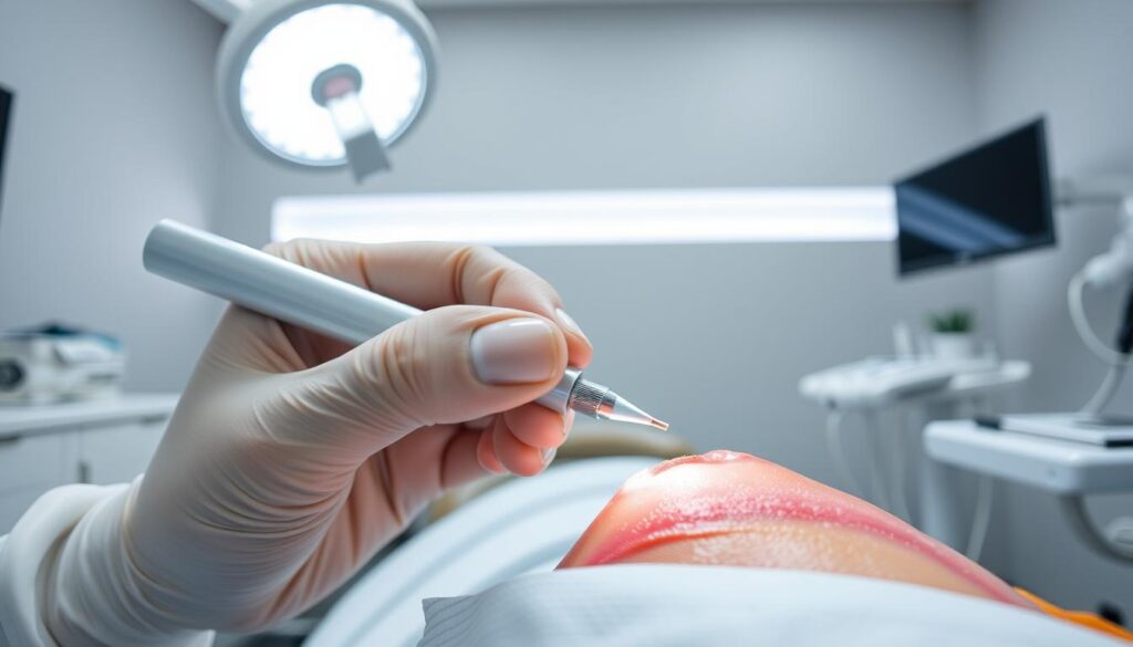 Detailed close-up view of gum disease treatment featuring the Face N Dental brand. In the foreground, a dentist's hand gently probing inflamed, discolored gums using a dental instrument. The middle ground shows various dental tools and equipment, including a high-powered light, suction device, and mirror. The background depicts a modern, well-lit dental office with clean, minimalist decor. The scene conveys a sense of care, professionalism, and the technical expertise required to effectively address gum disease and maintain optimal oral health.