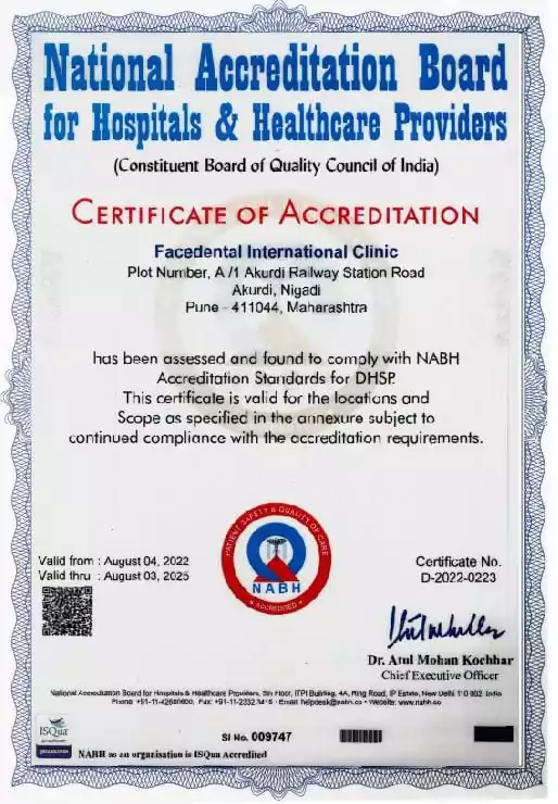 Face N Dental International Clinic in Nigdi Pimpri Chinchwad NABH Certification