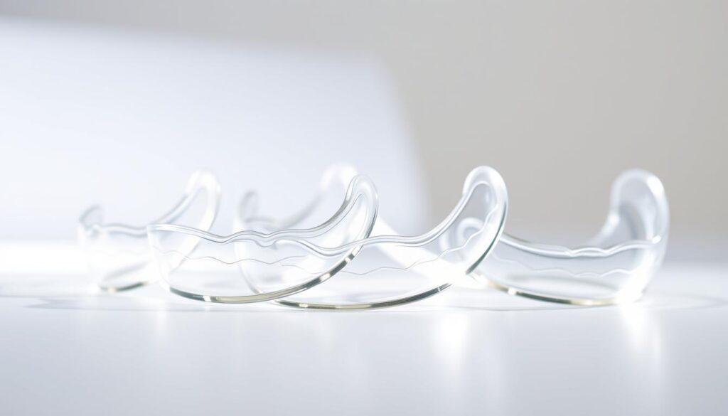 A close-up view of a set of Invisalign clear aligners, each one slightly different in size and shape, resting on a white surface. The aligners are illuminated by soft, diffused lighting from above, creating a sense of clarity and cleanliness. In the background, the logo for "Face N Dental Clinic" is subtly visible, adding a professional and trustworthy context. The aligners are positioned in a way that highlights their transparent, custom-fit design, emphasizing the discreet and comfortable nature of the Invisalign treatment. A close-up view of a set of Invisalign clear aligners, each one slightly different in size and shape, resting on a white surface. The aligners are illuminated by soft, diffused lighting from above, creating a sense of clarity and cleanliness. In the background, the logo for "Face N Dental Clinic" is subtly visible, adding a professional and trustworthy context. The aligners are positioned in a way that highlights their transparent, custom-fit design, emphasizing the discreet and comfortable nature of the Invisalign treatment.