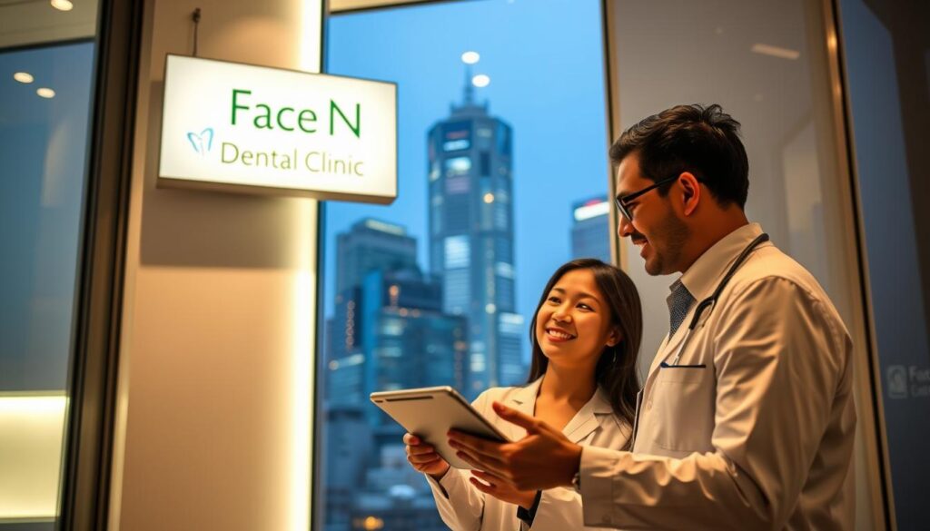 A modern and sleek dental clinic, the Face N Dental Clinic, set against a backdrop of urban skyscrapers. The clinic's signage is prominently displayed, showcasing the Invisalign logo. In the foreground, a patient is consulting with a dentist, gesturing towards a cost breakdown on a tablet device. The lighting is warm and inviting, creating a sense of professionalism and trust. The overall atmosphere conveys the affordability and accessibility of Invisalign treatment in India, highlighting the clinic's expertise in this area. A modern and sleek dental clinic, the Face N Dental Clinic, set against a backdrop of urban skyscrapers. The clinic's signage is prominently displayed, showcasing the Invisalign logo. In the foreground, a patient is consulting with a dentist, gesturing towards a cost breakdown on a tablet device. The lighting is warm and inviting, creating a sense of professionalism and trust. The overall atmosphere conveys the affordability and accessibility of Invisalign treatment in India, highlighting the clinic's expertise in this area.