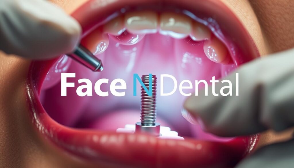 A detailed closeup view of a dental implant procedure in progress, with the Face N Dental logo prominently displayed. The scene shows the oral cavity, with the dentist's gloved hands carefully inserting the titanium implant into the patient's jawbone. The lighting is bright and clinical, with a shallow depth of field that focuses attention on the intricate procedure. The background is blurred, emphasizing the technical precision of the implant placement. The overall mood is one of professionalism and state-of-the-art medical technology, reflecting the expertise of the Face N Dental clinic.