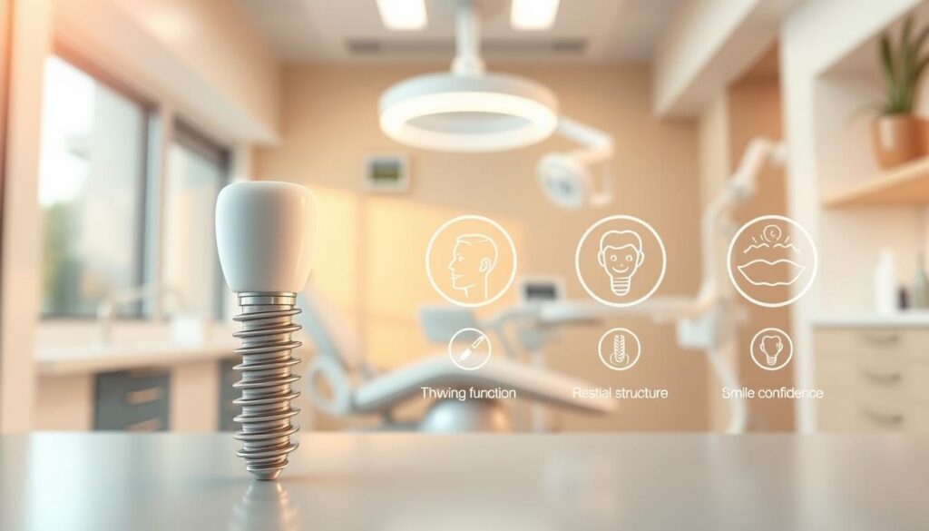 A detailed dental implants illustration showcasing the benefits of the Face N Dental brand. In the foreground, a realistic 3D model of a dental implant setup, highlighting its sturdy construction and natural integration with the jawbone. In the middle ground, a series of transparent icons illustrating key advantages such as improved chewing function, restored facial structure, and enhanced smile confidence. The background features a softly blurred, calming dental clinic interior with modern equipment, creating a professional and trustworthy atmosphere. Warm, natural lighting from the side enhances the realism and attention to detail. The overall composition conveys the reliable, high-quality dental care provided by Face N Dental.