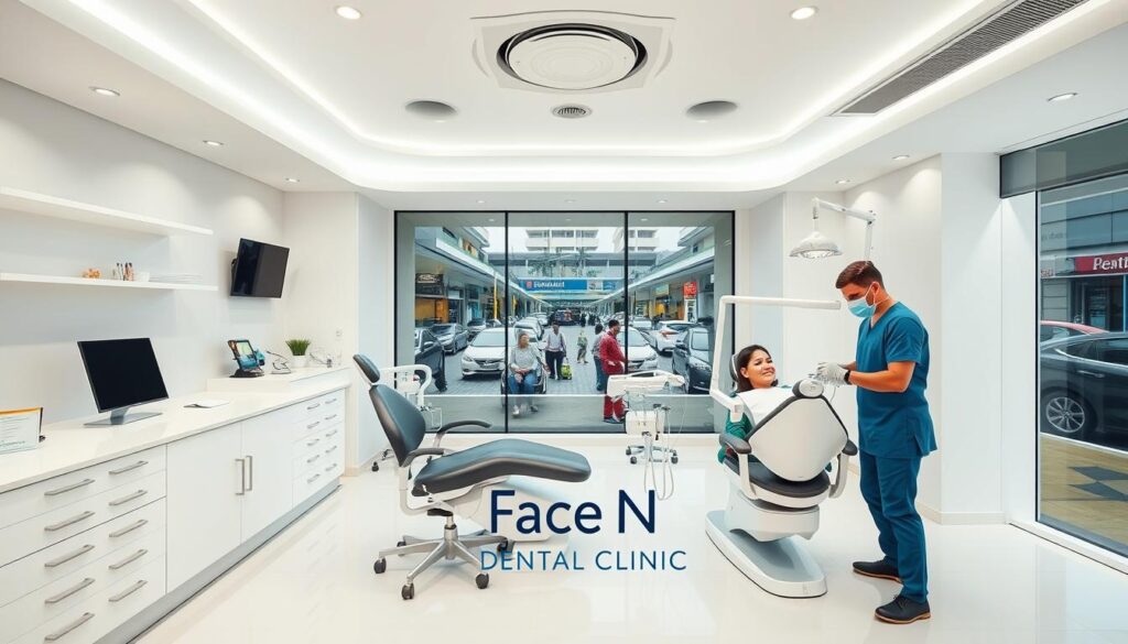 A modern, airy dental clinic interior with bright lighting, clean and minimalist design. At the center, the "Face N Dental Clinic" logo is prominently displayed on the reception desk. In the foreground, a smiling patient sits comfortably in the dentist's chair, while a skilled dentist in scrubs performs a cosmetic procedure. The background features state-of-the-art dental equipment and a panoramic window overlooking the bustling streets of Pune. The overall atmosphere conveys professionalism, expertise, and a commitment to patient comfort and satisfaction.